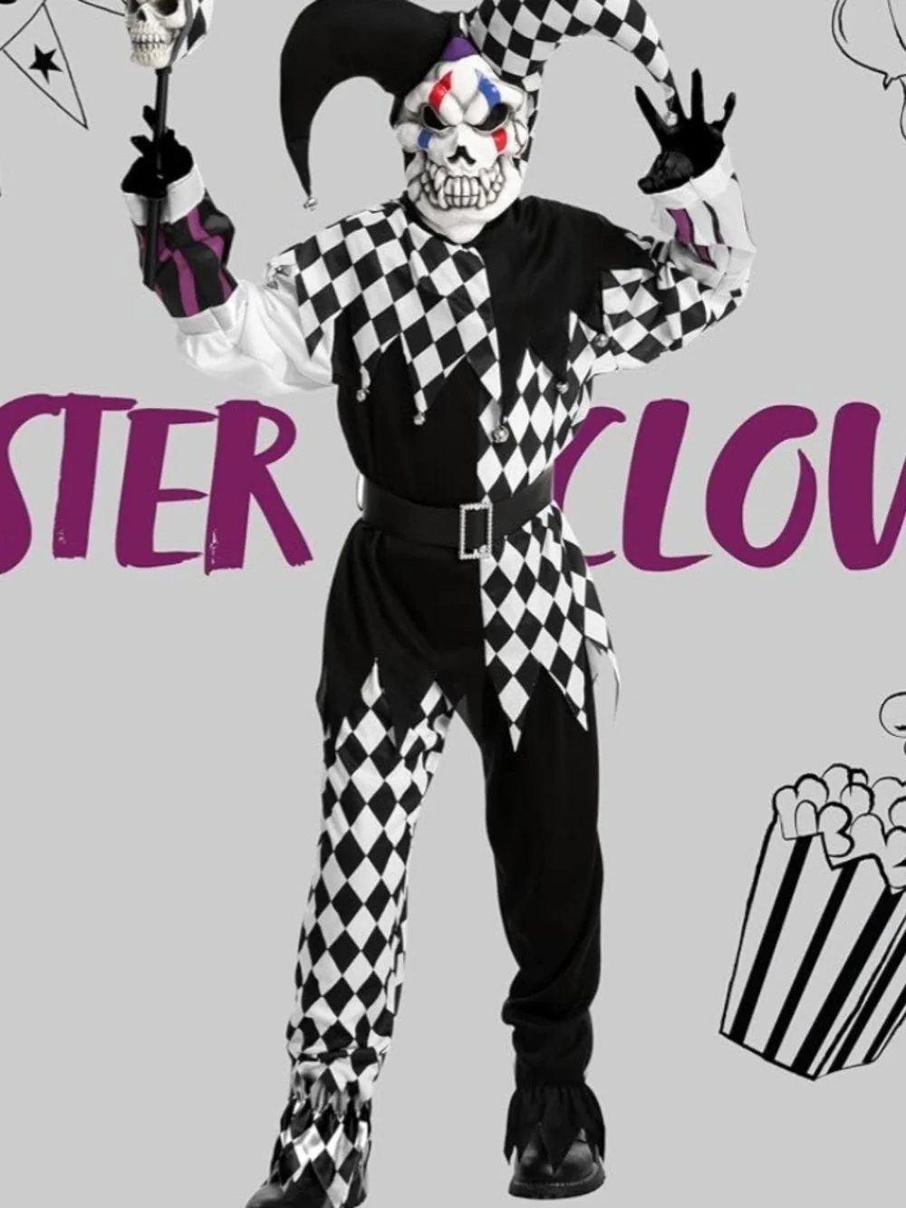 Spooktacular Creation Kids XL Harlequin Jester Clown Costume with Skull Mask
